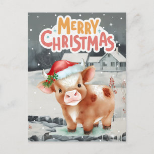 Cow wearing santa hat on winter night view holiday postcard