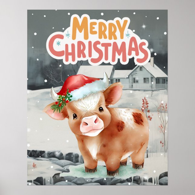 Cow wearing santa hat on winter night view  poster (Front)