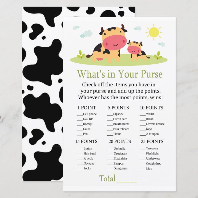 Cow What's in your purse game baby shower (Front/Back)