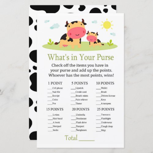 Cow Whats in your purse game baby shower