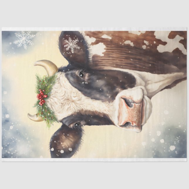 Cow Winter Christmas Watercolor Tissue Paper (Front)