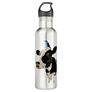 Cow with a blue bird on his head stainless steel water bottle