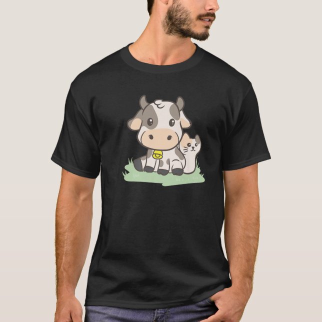 Cow With A Cat Farmer Aesthetic Japanese - Cute Ka T-Shirt (Front)