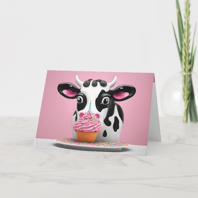 Cow With Birthday Cupcake Humor Card (Front)