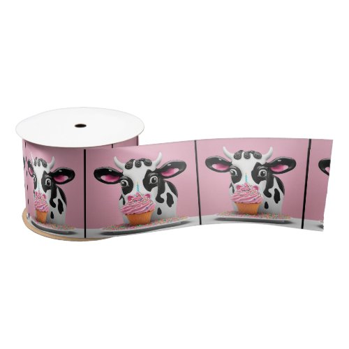 Cow With Birthday Cupcake On Pink Satin Ribbon