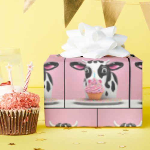 Cow With Birthday Cupcake On Pink Wrapping Paper