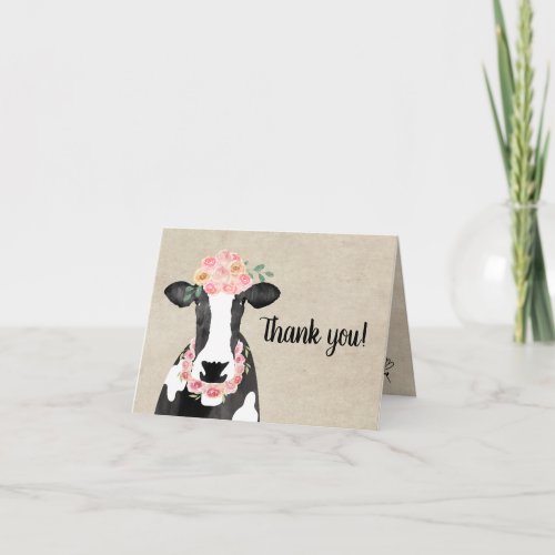 Cow with Floral Crown Watercolor Farm Thank you Invitation