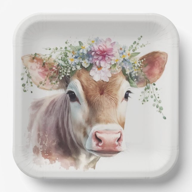 Cow with Floral Headpiece  Paper Plates (Front)