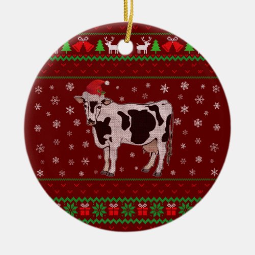 Cow With Hat Christmas Ceramic Ornament