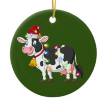Cow With Hat Lights Christmas Ceramic Ornament