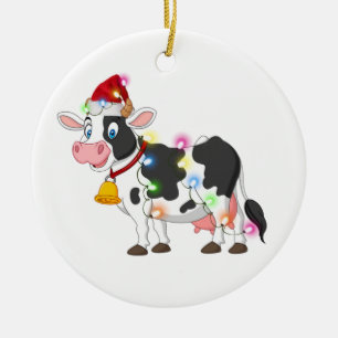 Cow With Hat Scaft Christmas Ceramic Ornament