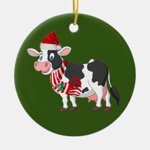Cow With Hat Scaft Christmas Ceramic Ornament