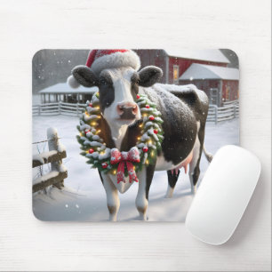 Cow With Holiday Wreath Mouse Pad