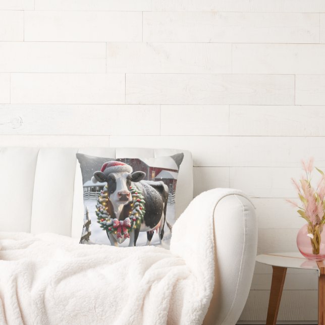 Cow With Holiday Wreath Throw Pillow (Couch)