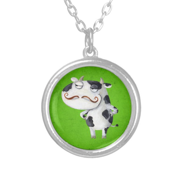 Cow with Mustaches Silver Plated Necklace (Front)