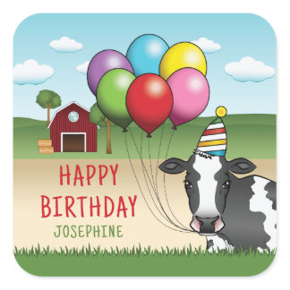 Cow With Party Hat And Balloons Kid's Birthday Square Sticker