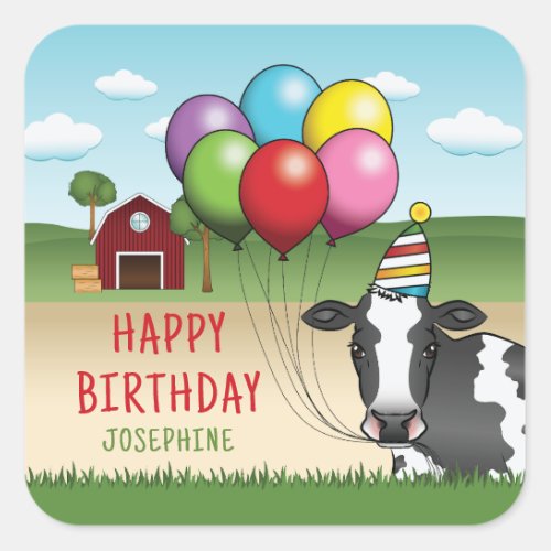 Cow With Party Hat And Balloons Kids Birthday Square Sticker