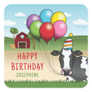 Cow With Party Hat And Balloons Kid's Birthday Square Sticker