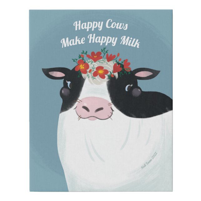 Cow With Red Flowers In Hair Faux Canvas Print (Front)
