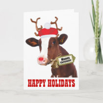 Cow with Reindeer Antlers and Santa Hat Holiday Card