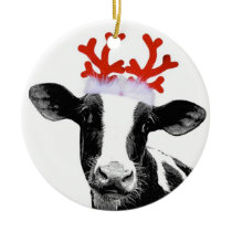 Cow with Reindeer Antlers Ceramic Ornament