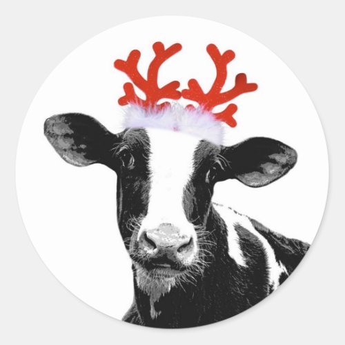 Cow with Reindeer Antlers Classic Round Sticker