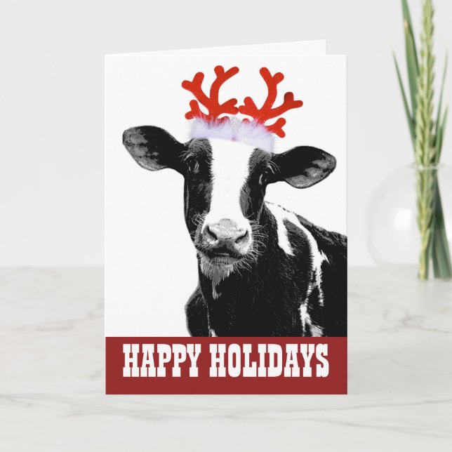 Cow with Reindeer Antlers Holiday Card (Front)