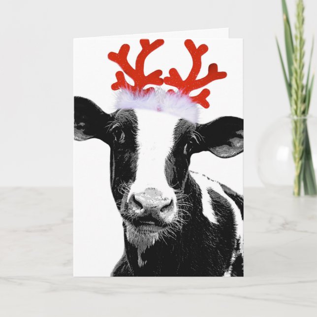 Cow with Reindeer Antlers Holiday Card (Front)