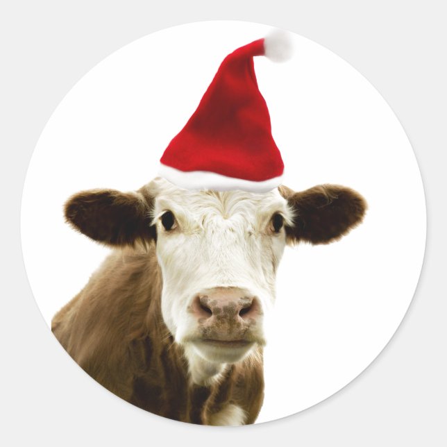 COW WITH Santa hat ROUND CUSTOMIZABLE Sticker (Front)