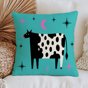Cow with Stars& Moon Blue Turquoise Throw Pillow