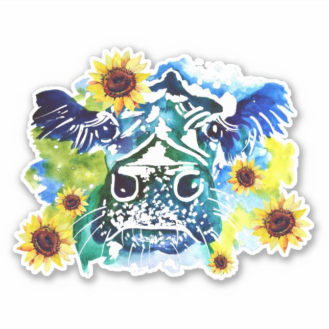 Cow with Sunflowers Custom-Cut Vinyl Sticker (Front)