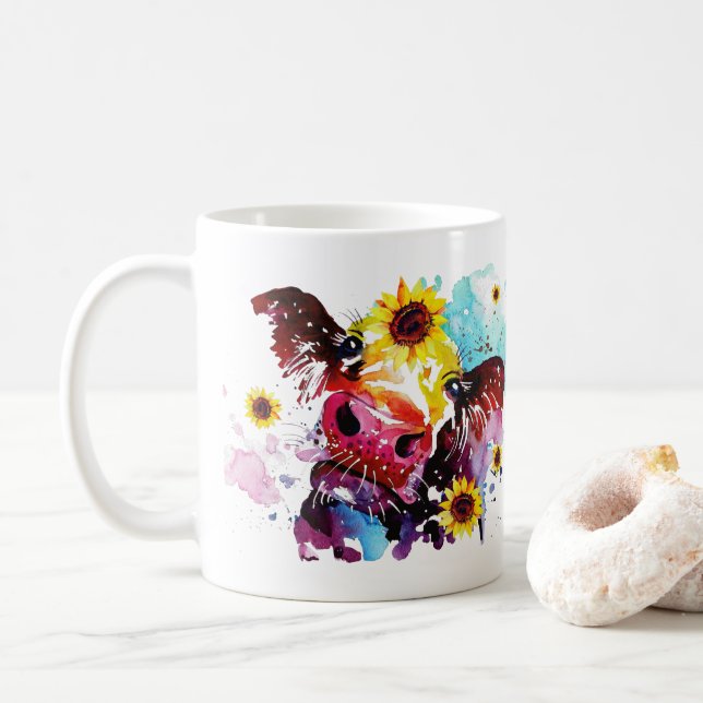 Cow with Sunflowers Personalized Watercolor  Coffee Mug (With Donut)