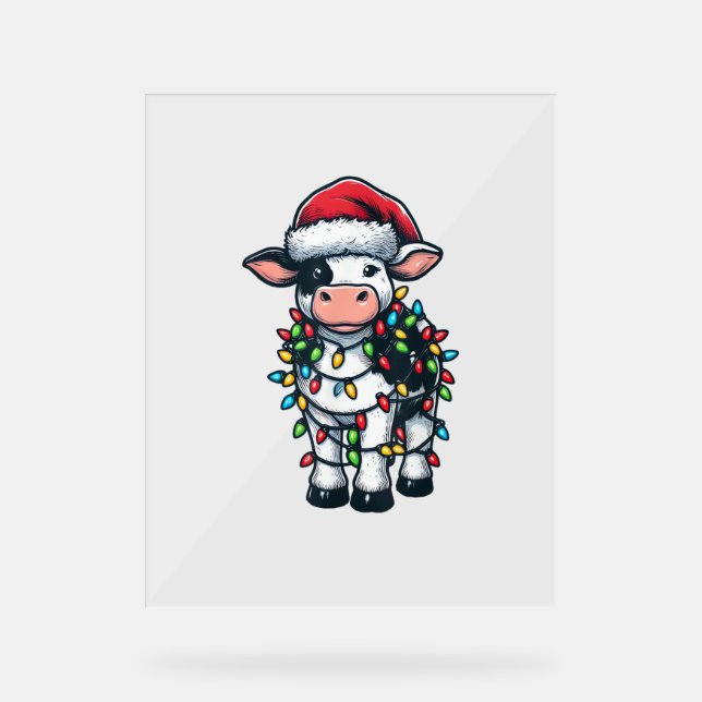 Cow Xmas Outfit Cute Santa Cow  Acrylic Sign (Front)