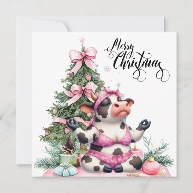  Cow Yoga  with Christmas Decoration  Holiday Card (Front)