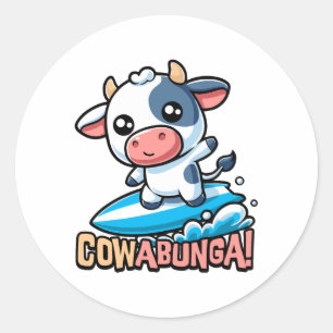Cowabunga! Cute Surfing Cow Pun Classic Round Sticker