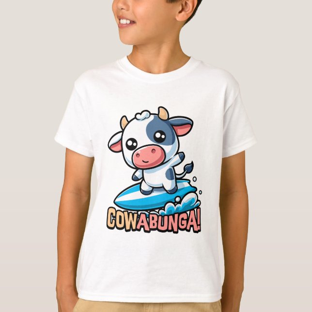 Cowabunga! Cute Surfing Cow Pun T-Shirt (Front)