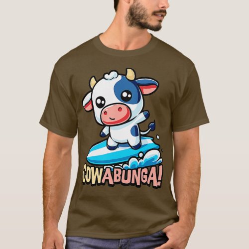 Cowabunga Cute Surfing Cow Pun T_Shirt