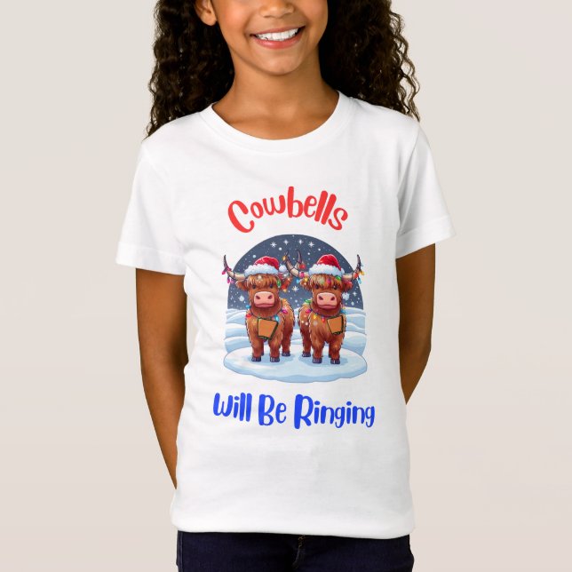 Cowbells Will Be Ringing Christmas Highland Cows T-Shirt (Front)