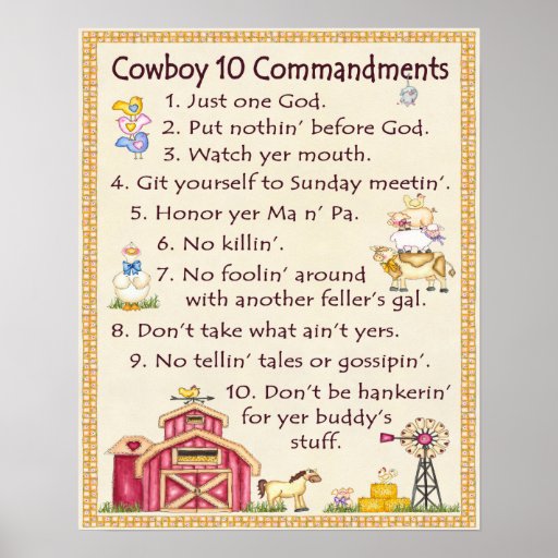 Cowboy 10 Commandments - Farm Fun (wide) Poster | Zazzle