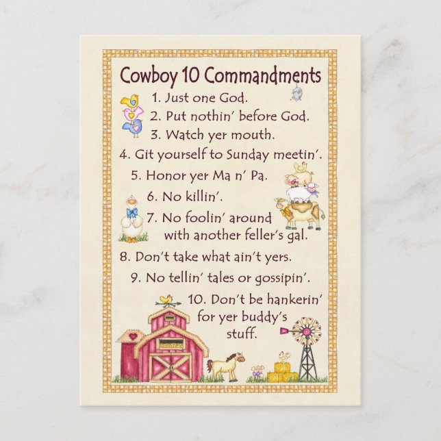 Cowboy 10 Commandments - Farm Postcard (Front)