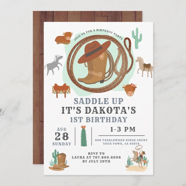 Cowboy 1st Birthday Invitation (Front/Back)