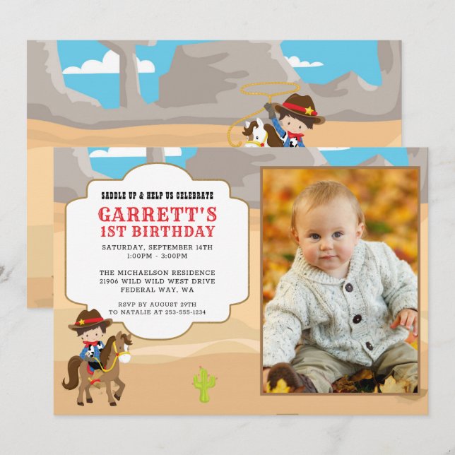 Cowboy 1st Birthday Photo Party Invitation (Front/Back)