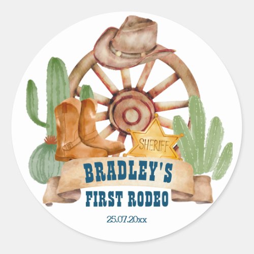 Cowboy 1st rodeo horses farm party personalized classic round sticker