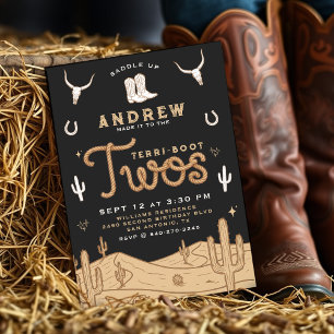 Cowboy 2nd Birthday Party Terri-Boot Twos Black Invitation