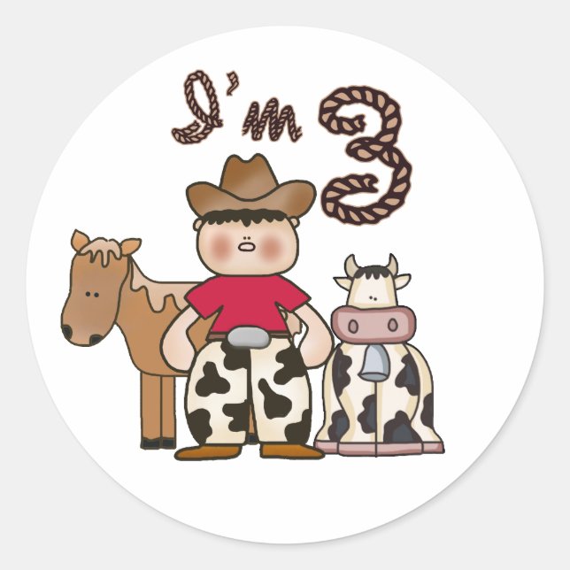 Cowboy 3rd Birthday Classic Round Sticker (Front)