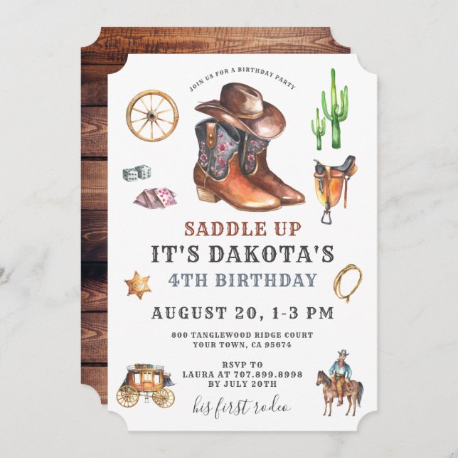 Cowboy 4th Birthday Invitation (Front/Back)