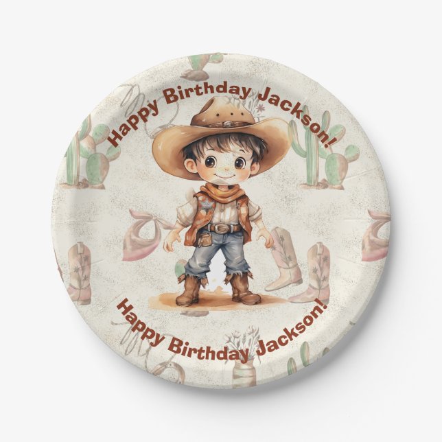 Cowboy 5th Birthday Bash Invitation Paper Plates (Front)