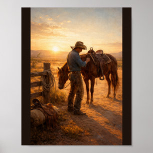 Cowboy adjusting saddle at sunrise poster