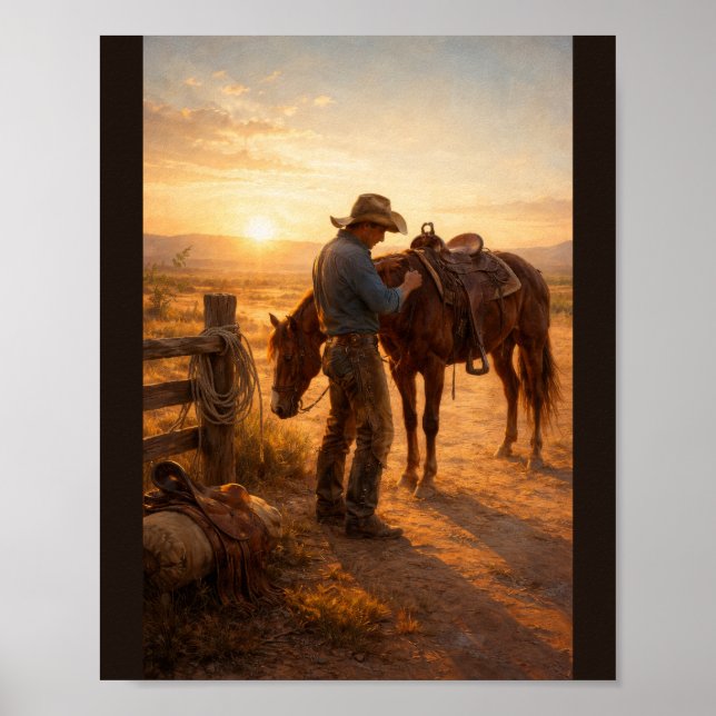 Cowboy adjusting saddle at sunrise poster (Front)