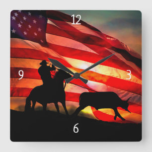 Cowboy American Flag Steer Roping and Horse Square Wall Clock